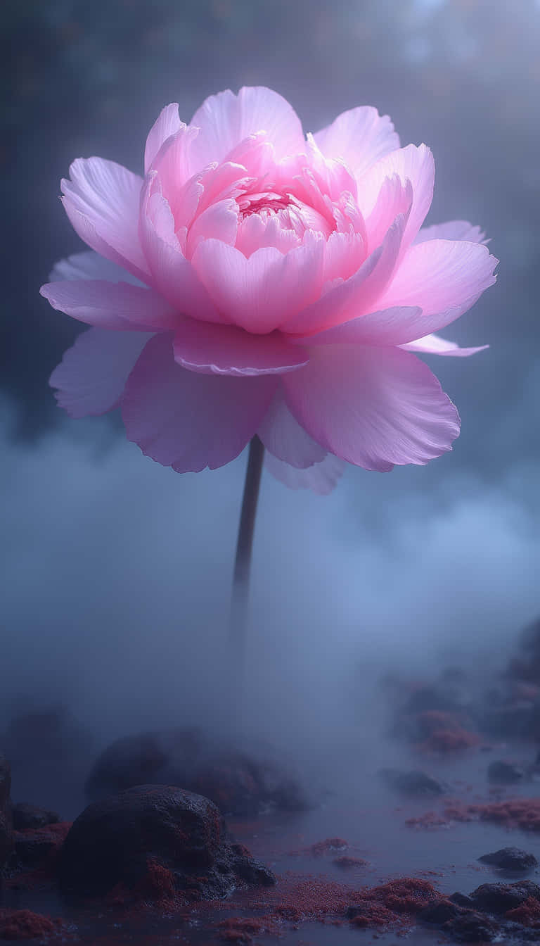 花卉 桌布 壁紙 — 一朵發光的粉紅色牡丹在霧氣瀰漫的水面上盛開，帶有完美的倒影和黑暗的岩石環境。