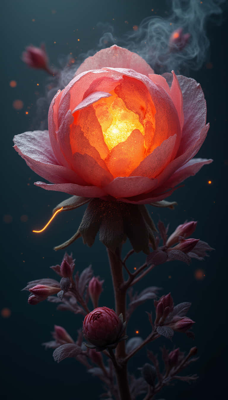 花卉 桌布 壁紙 — 一朵發光的粉紅色牡丹在黑暗煙霧背景中從核心散發出溫暖的光芒，周圍有漂浮的火星。