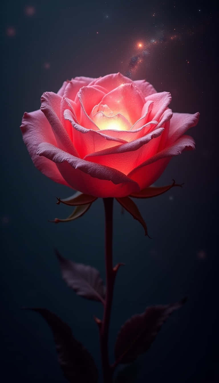 Flower 壁紙 — 一朵發光的粉紅色玫瑰，帶有光芒四射的花心，矗立在點綴著星星和星雲的黑暗宇宙背景前。