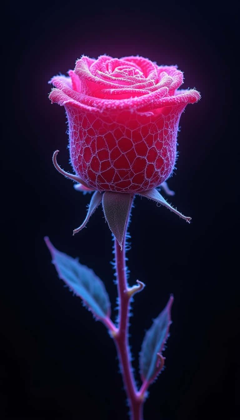 Flower 壁紙 — 一朵發光的粉紅色玫瑰，帶有裂紋玻璃質感和電光藍色莖，襯以黑色背景。