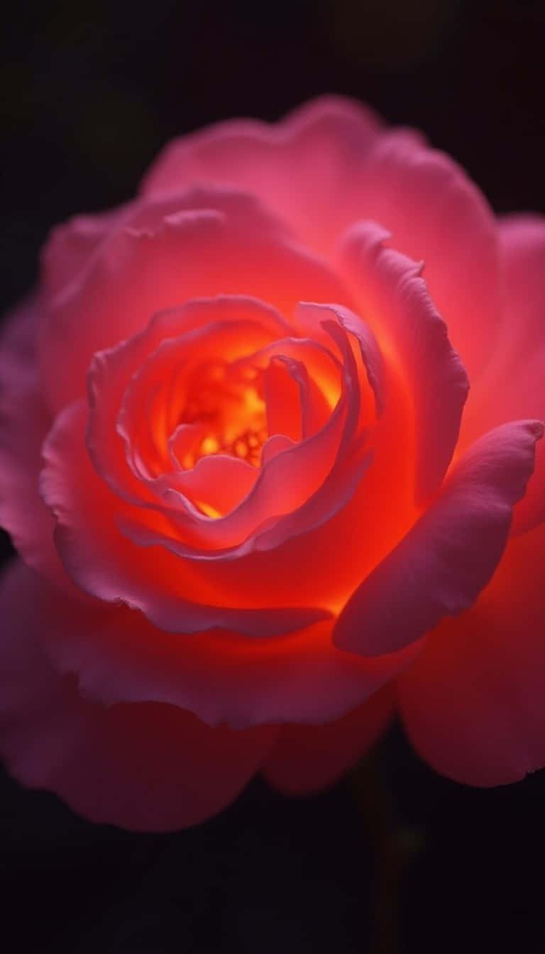 Flower 壁紙 — 一朵發光的粉紅色玫瑰的特寫，其中心散發出溫暖的橙色光芒，背景為深色。