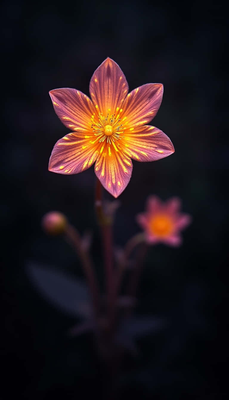 Flower 壁紙 — 一朵發光的粉紅色花朵，帶有明亮的黃色雄蕊，在深黑色背景上綻放。