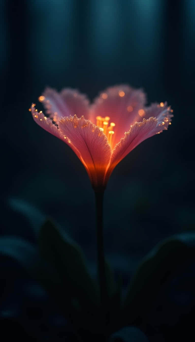 Flower 壁紙 — 一朵發光的粉紅色花朵，帶有精緻的流蘇花瓣和金色雄蕊，在深藍綠色森林背景下散發溫暖。