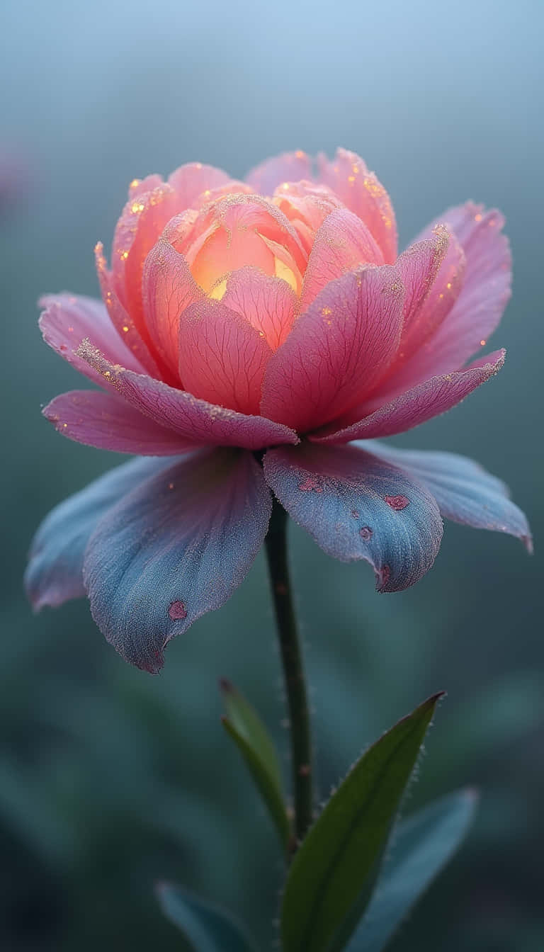 花卉 桌布 壁紙 — 一朵發光的粉紅色花朵，帶有露珠和金色閃光，在柔和的藍色模糊背景下散發溫暖。