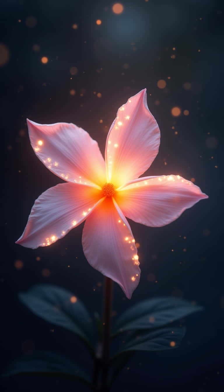 Flower 壁紙 — 一朵發光的粉紅色花朵，花瓣上有閃爍的光芒，在黑暗的背景中與漂浮的金色球體形成對比。