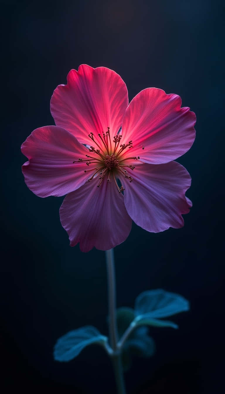 Flower 壁紙 — 一朵發光的粉紅色花朵，花瓣精緻，中心深色，在深藍色背景下綻放。