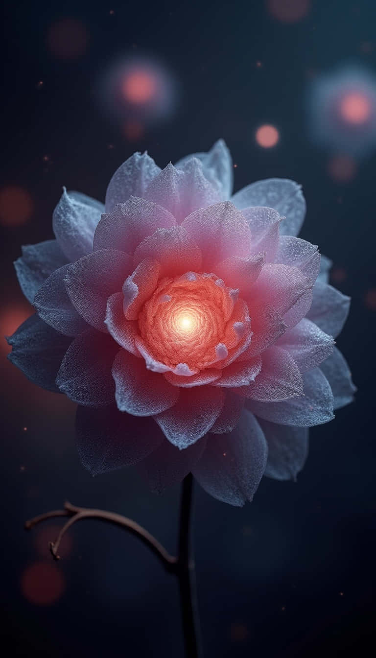 Flower 壁紙 — 一朵發光的粉紅色蓮花，帶有發光的花蕊，在點綴著柔和紅色散景燈光的黑暗背景下綻放。