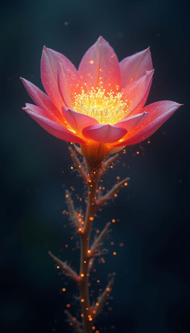 Flower 壁紙 — 一朵發光的粉紅色蓮花，帶有金色雄蕊，在佈滿閃亮顆粒的黑暗背景下散發溫暖。