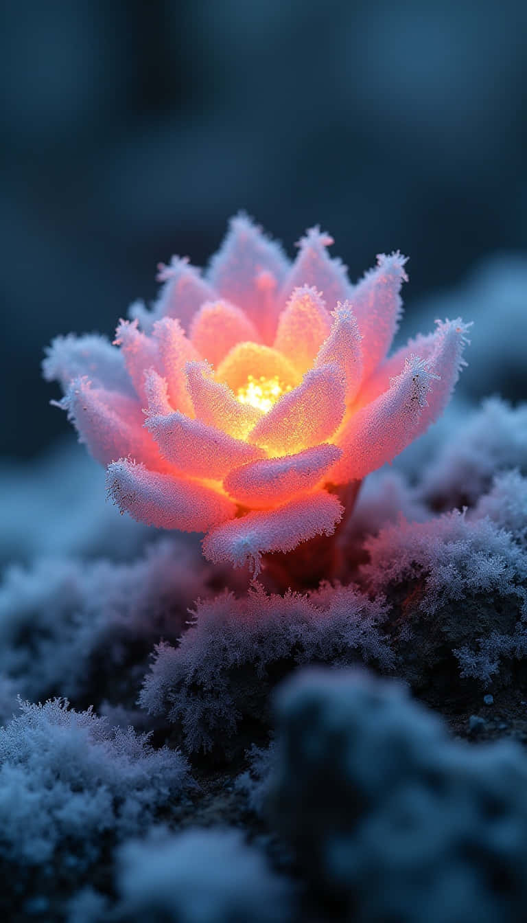 Flower 壁紙 — 一朵發光的粉紅色蓮花，帶有霜凍花瓣，在清涼的藍色雪景背景下溫暖地綻放。