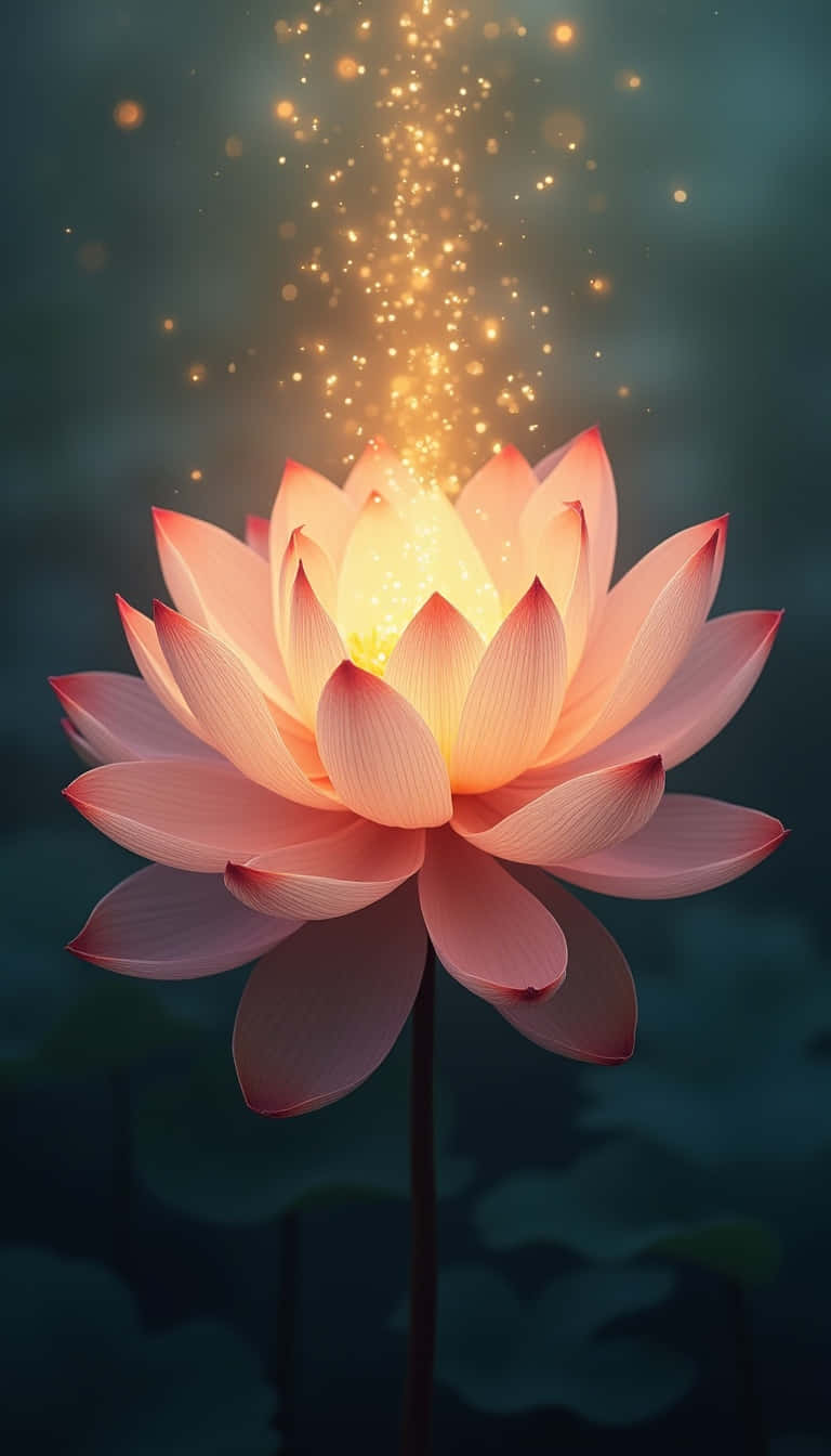 Flower 壁紙 — 一朵發光的粉紅色蓮花在深藍綠色水背景中向上散發金色火花，周圍有荷葉。