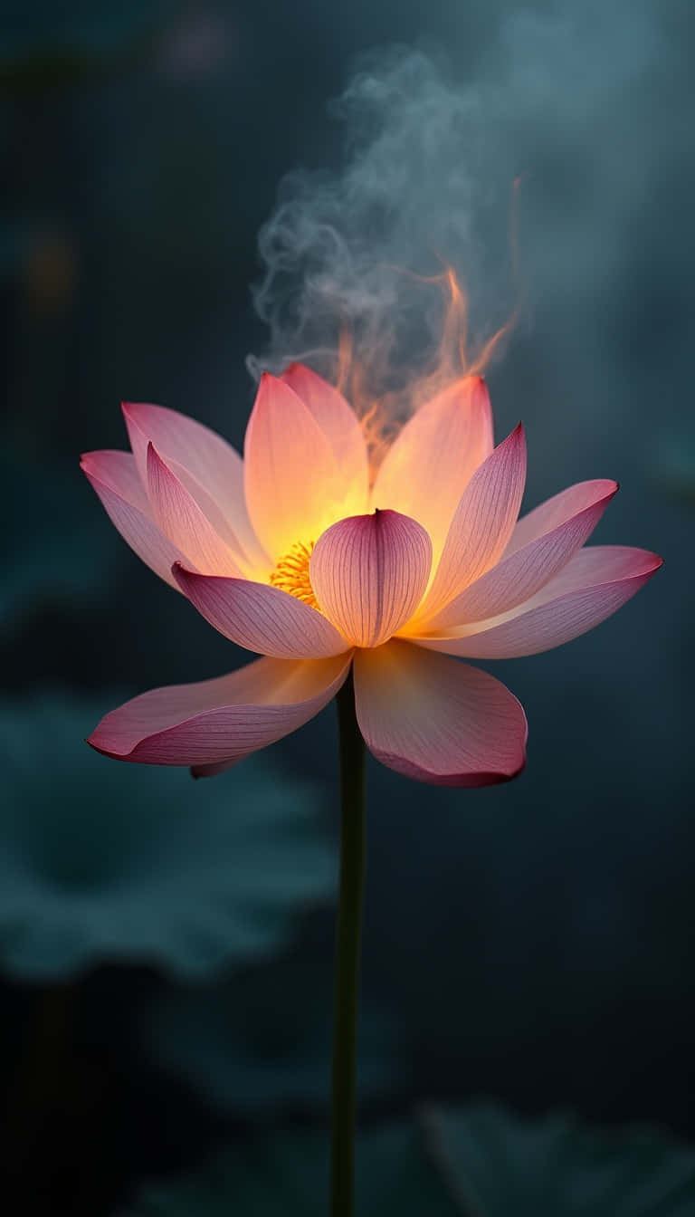 Flower 壁紙 — 一朵發光的粉紅色蓮花在深藍綠色背景上從中心散發出柔和的煙霧和火焰。