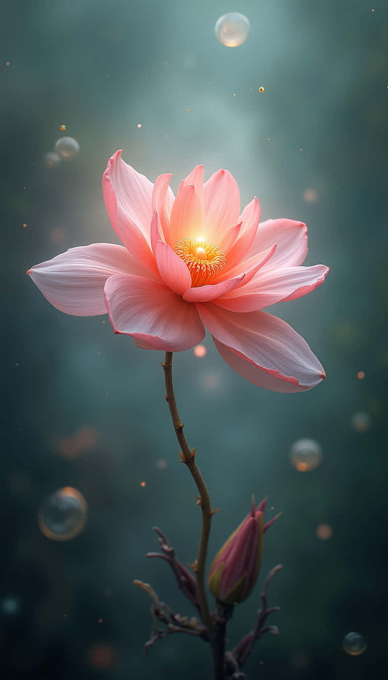 花卉 桌布 壁紙 — 一朵發光的粉紅色蓮花在霧氣瀰漫的青色背景中綻放，中心散發出光芒，周圍漂浮著氣泡。