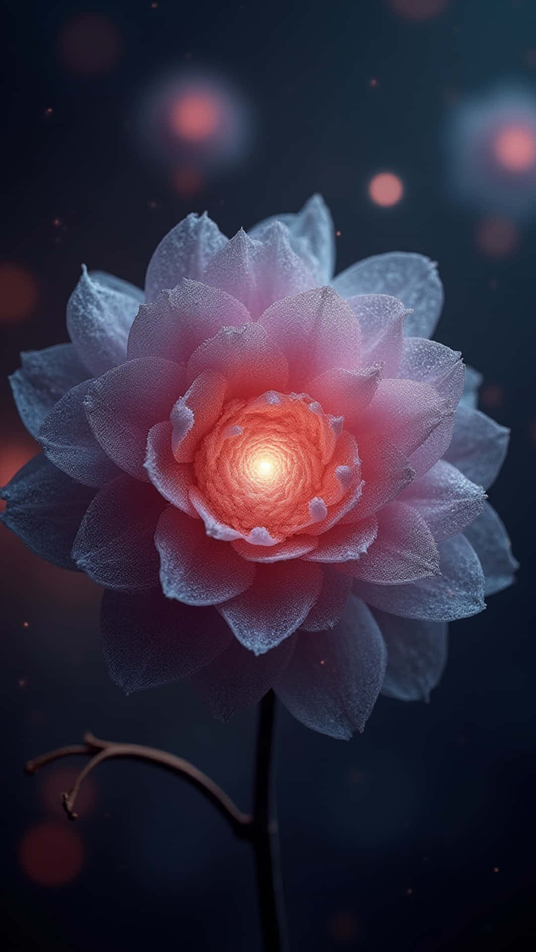 Flower 壁紙 — 一朵發光的粉紅色蓮花在黑暗背景下盛開，帶有發光的琥珀色花蕊和柔和散景燈光。
