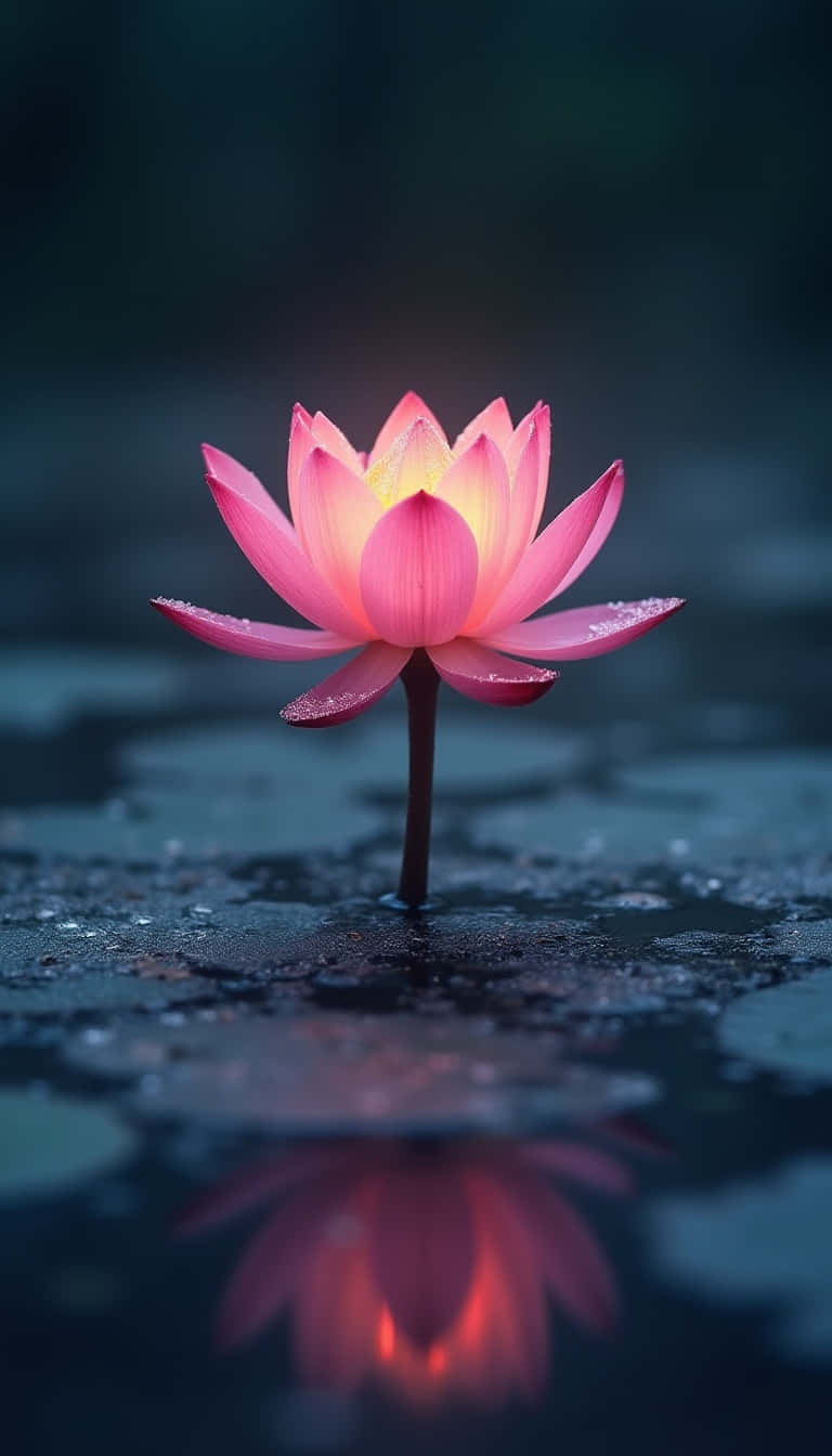 Flower 壁紙 — 一朵發光的粉紅色蓮花帶有露珠，在黑暗的水面上盛開，映照出其燦爛的形態。