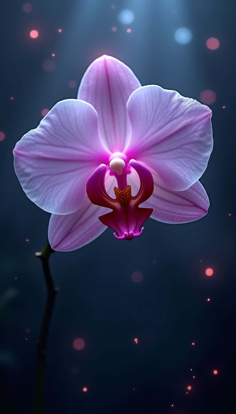 Flower 壁紙 — 一朵發光的粉紅色蘭花在黑暗背景下綻放，帶有發光的散景燈光和柔和的光線。