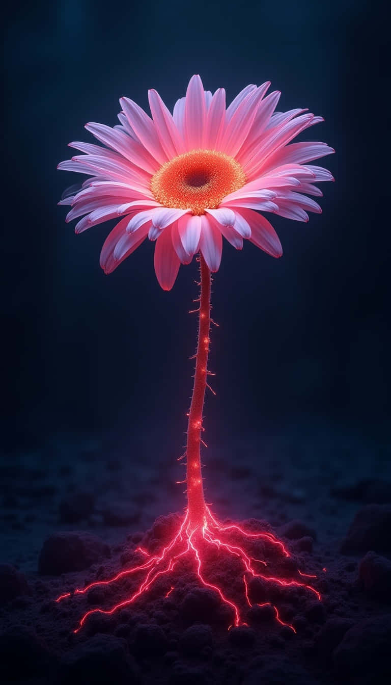Flower 壁紙 — 一朵發光的粉紅色雛菊，帶有電光紅色的根和莖，從深藍色背景前的黑暗土壤中冒出。