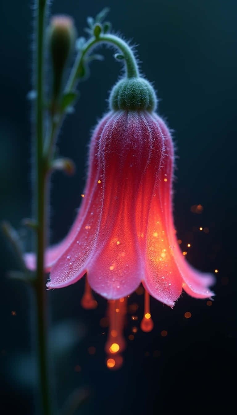 Flower 壁紙 — 一朵發光的粉紅色風鈴草，帶有露珠和金色閃光，懸掛在深色背景上。