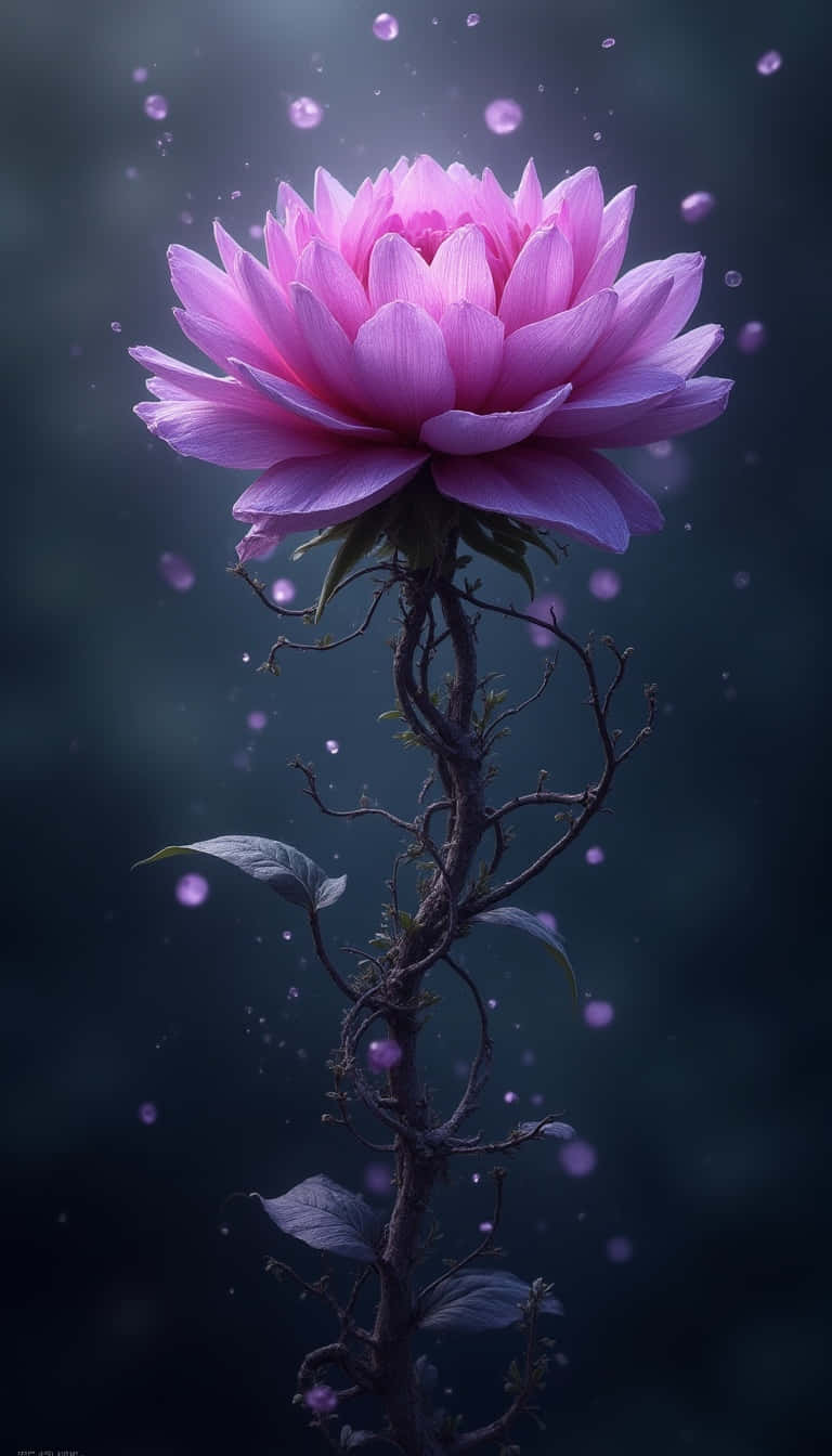 Flower 壁紙 — 一朵發光的粉紅蓮花在扭曲的深色莖上盛開，背景是迷霧暮色，漂浮著發光的粒子。