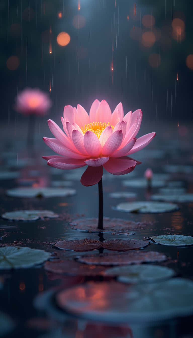花卉 桌布 壁紙 — 一朵發光的粉紅蓮花在雨中盛開，溫暖的散景燈光映照在黑暗的池塘上，伴隨著睡蓮葉。