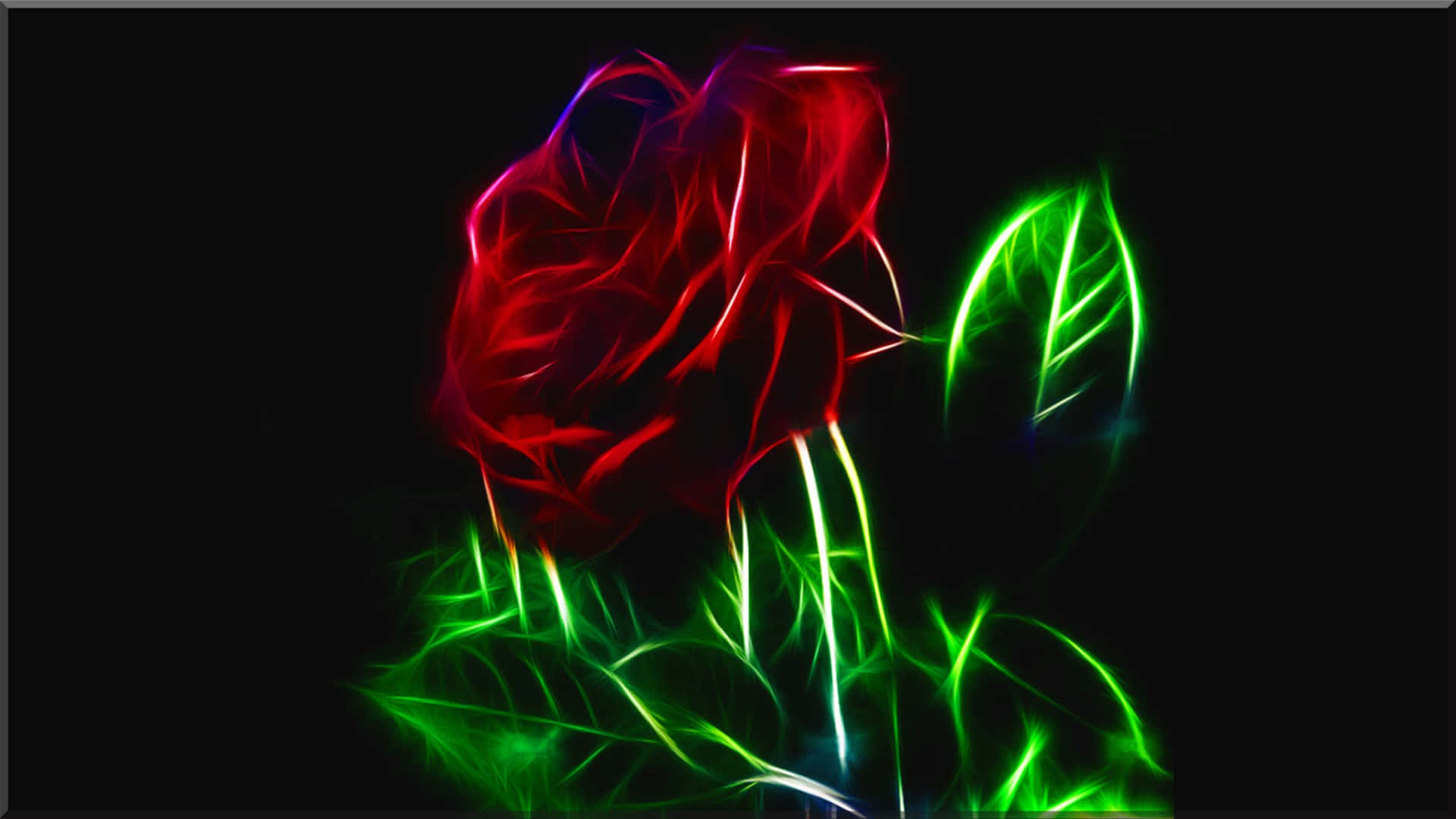 Abstract Rose 桌布 壁紙 — 一朵發光的紅玫瑰，帶有螢光綠葉，在黑色背景上以充滿活力的數位藝術風格跳動。