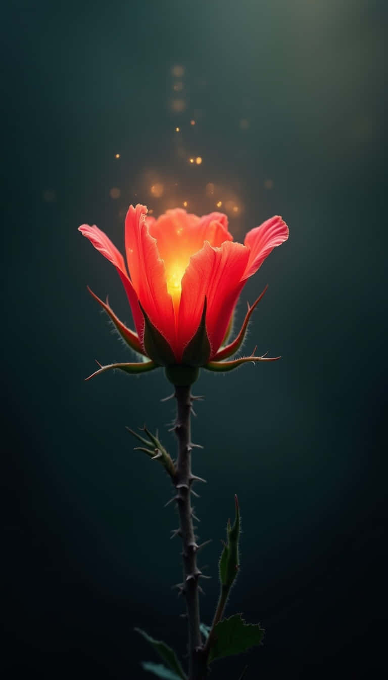 Flower 壁紙 — 一朵發光的紅玫瑰，帶有輻射的內在光芒和漂浮的金色粒子，背景為深藍綠色。