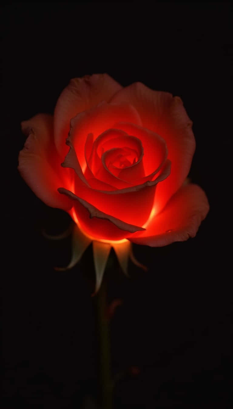Flower 壁紙 — 一朵發光的紅玫瑰在漆黑的背景下散發溫暖，柔和的光線突顯其花瓣。