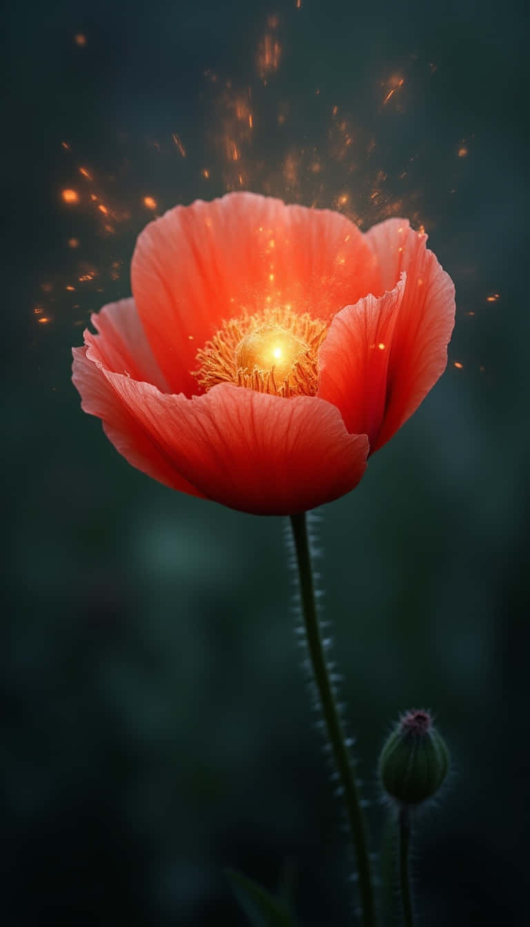 Flower 壁紙 — 一朵發光的紅色罌粟花在黑暗模糊的背景中綻放內在光芒，金色火花從其中心飛出。