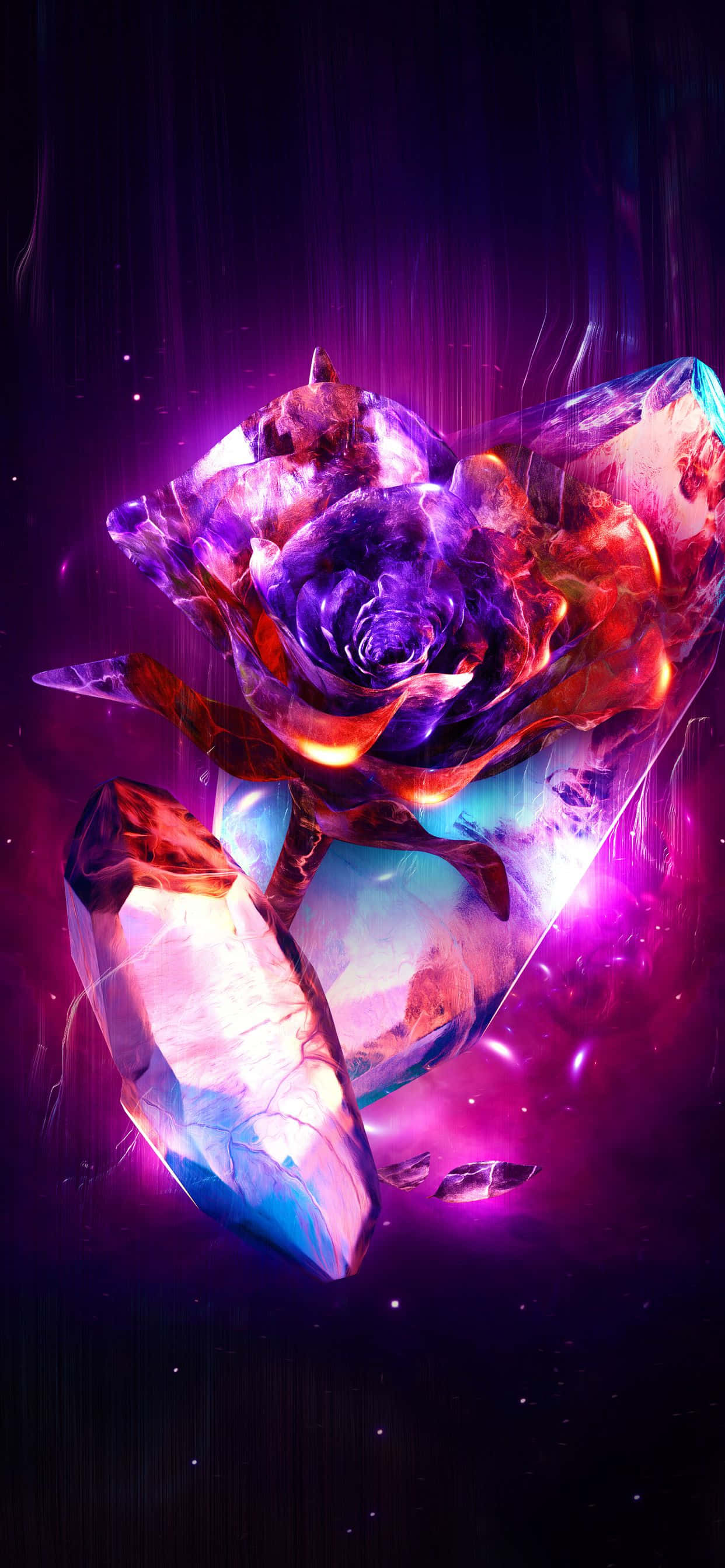 Cool Rose 桌布 壁紙 — 一朵發光的紫紅色玫瑰被包裹在碎裂的水晶中，漂浮在黑暗的宇宙背景上，帶有耀眼的光線條紋。