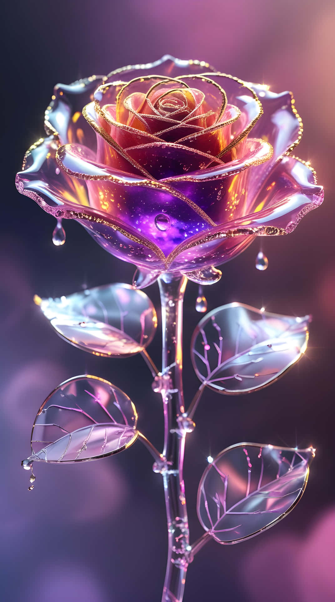The gigantic transferred glass rose 壁紙 — 一朵發光的紫色玫瑰，帶有金色邊飾和露珠，在柔和的模糊背景上閃耀。