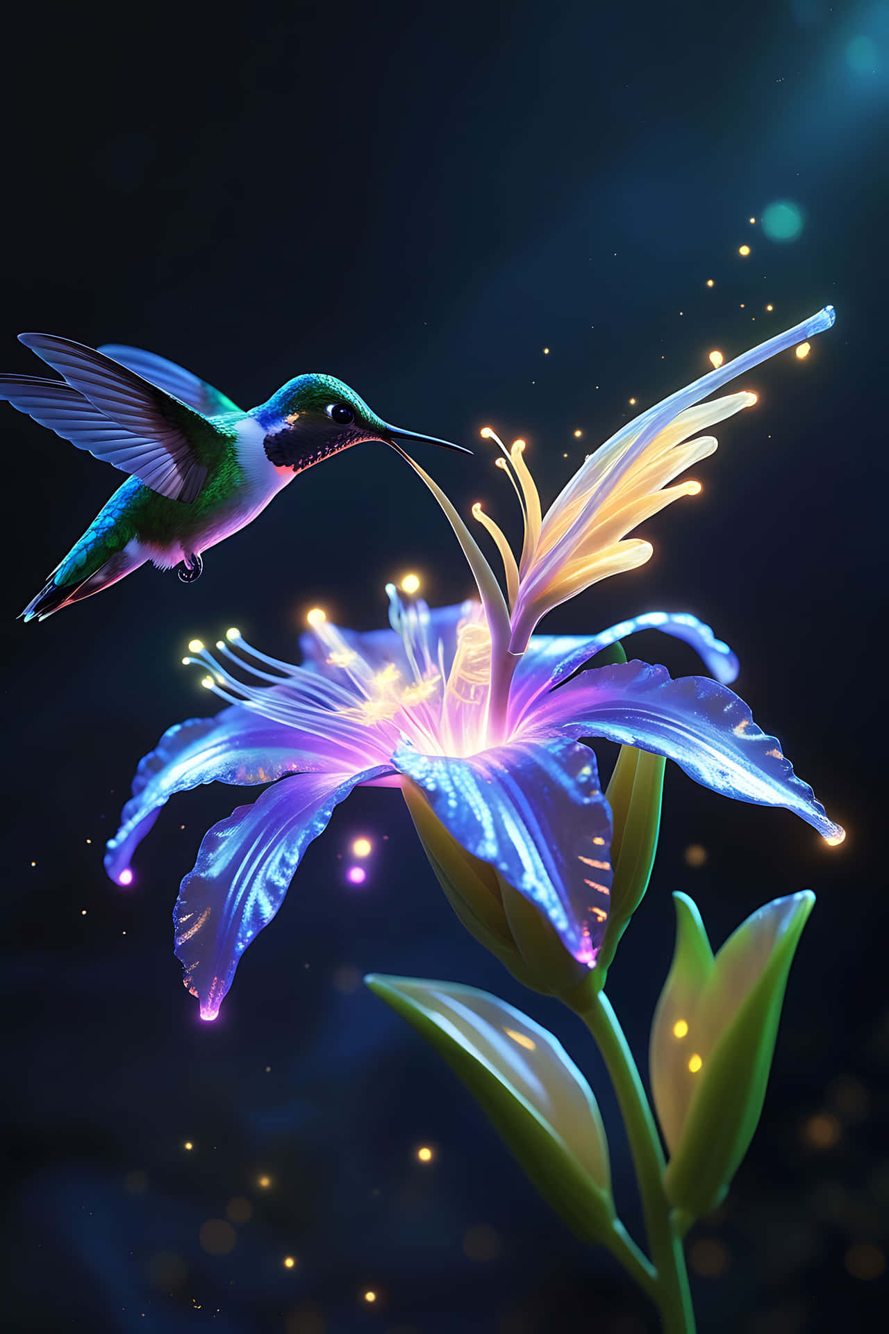 Hummingbird feeding on illuminated flower 壁紙 — 一朵發光的紫色百合，帶有金色雄蕊，散發出光芒，一隻蜂鳥在黑暗的星空背景附近盤旋。