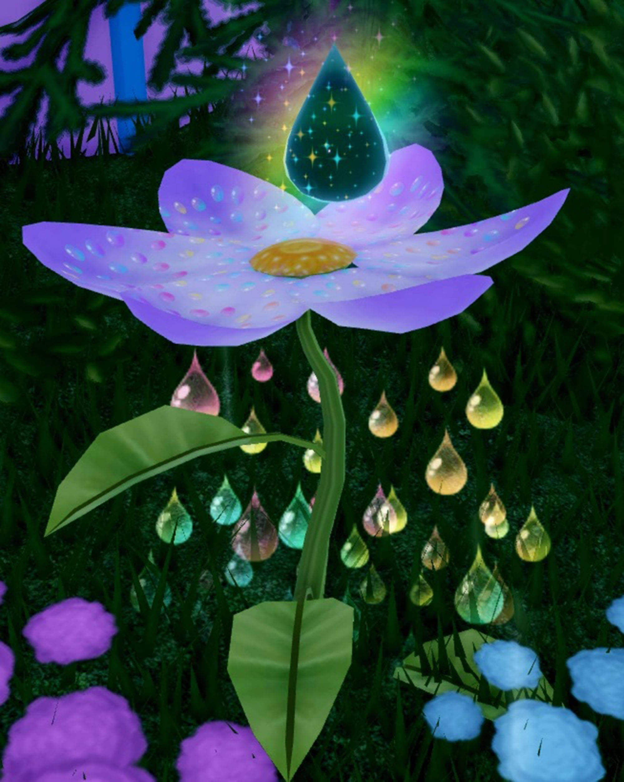 high 桌布 壁紙 — 一朵發光的紫色花朵，帶有星形淚滴中心，在夜晚的魔法森林中落下彩色水滴。