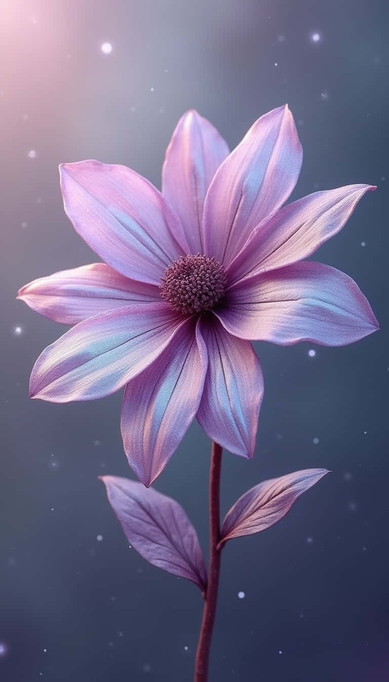 Flower 壁紙 — 一朵發光的紫色花朵，花瓣細膩，在繁星點點的暮色天空中綻放。