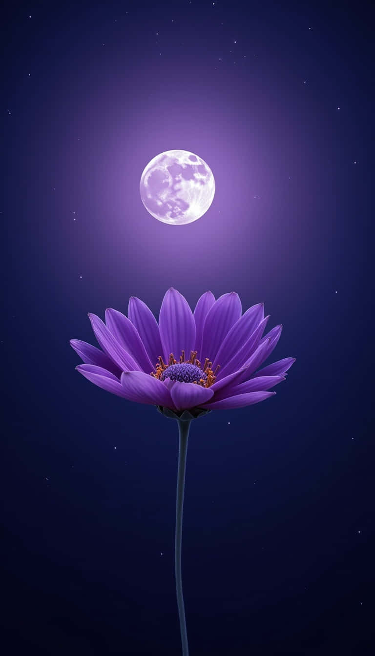 Flower 壁紙 — 一朵發光的紫色花朵在明亮的滿月下綻放，背景是繁星點點的夜空。