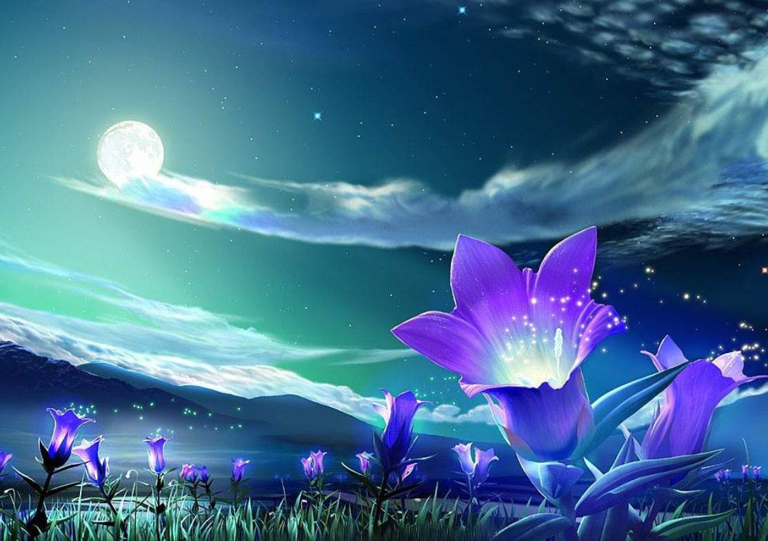 雲朵 桌布 壁紙 — 一朵發光的紫色花朵在月光照耀的天空下綻放，天空中有星星和極光，背景是遠山。