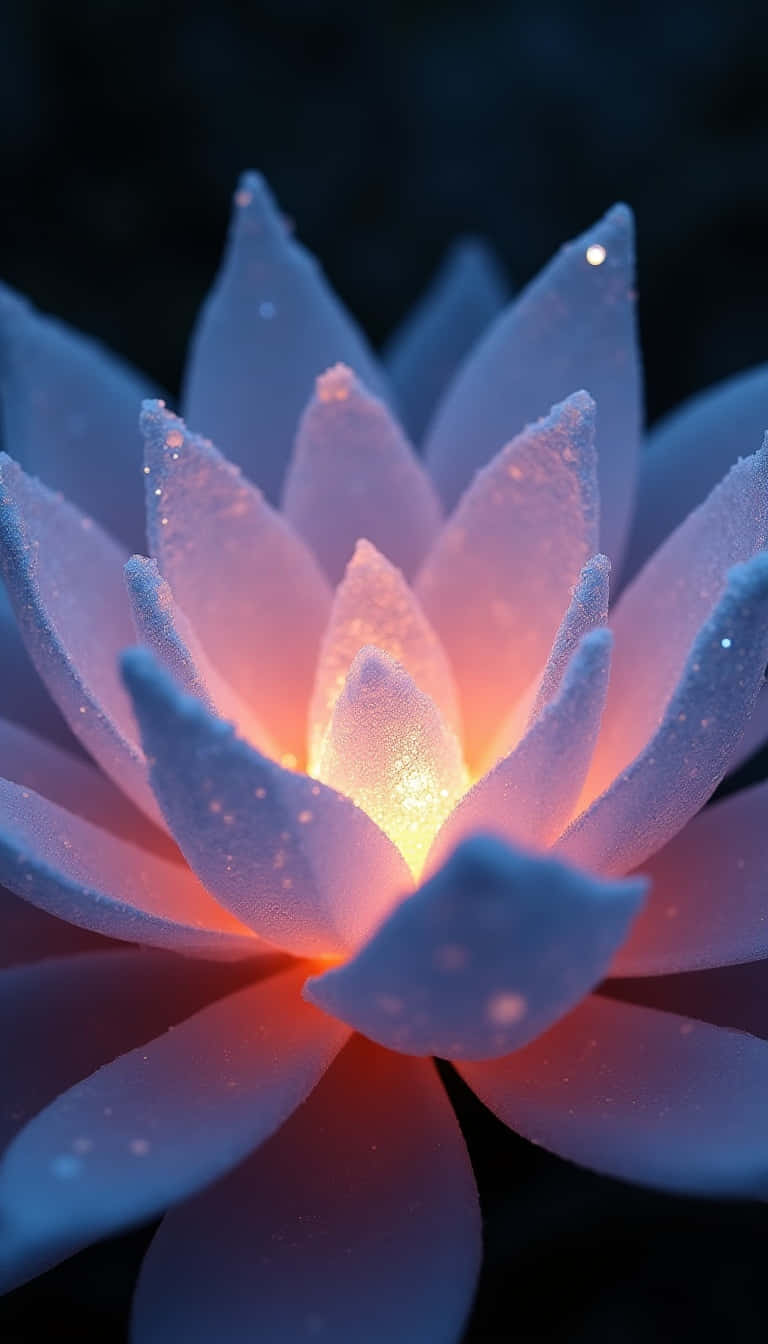Flower 壁紙 — 一朵發光的蓮花，帶有柔軟的藍色花瓣和溫暖的橙色中心，在黑暗背景下散發出寧靜的光芒。