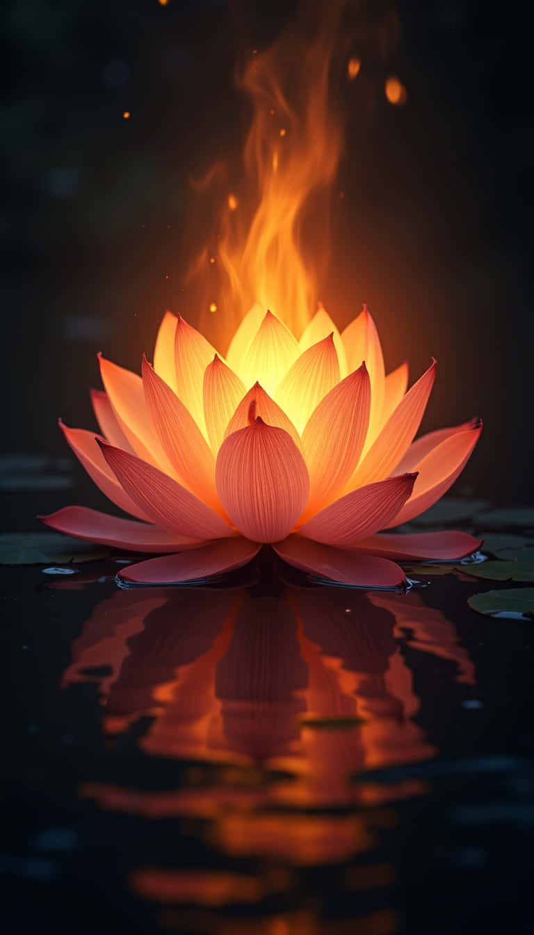 花卉 桌布 壁紙 — 一朵發光的蓮花漂浮在黑暗的水面上，火焰從其中心升起，投射出溫暖的倒影。