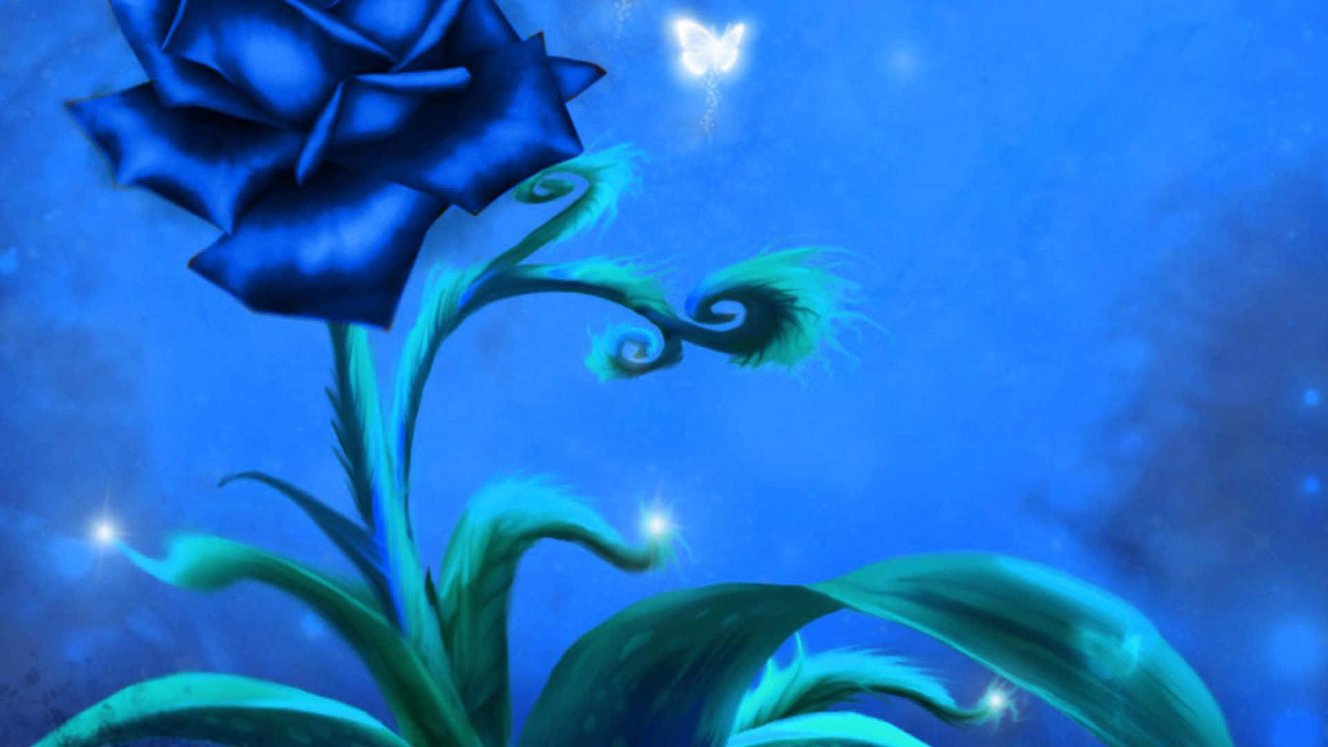 Dark Blue Rose Abstract 桌布 壁紙 — 一朵發光的藍玫瑰，帶有發光的綠葉和一隻發光的蝴蝶，背景是夢幻般的藍色。
