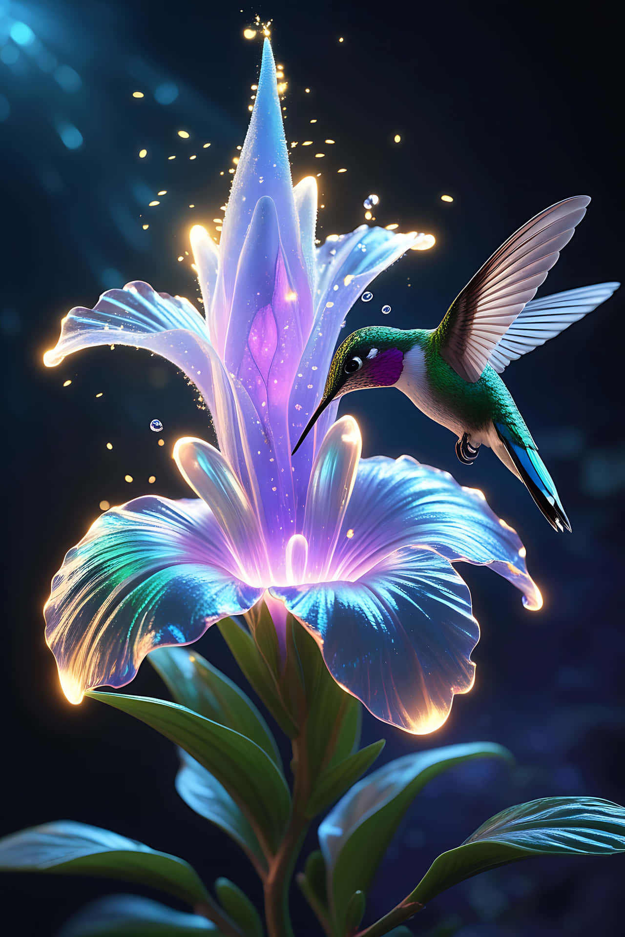 Hummingbird feeding on luminous flower 壁紙 — 一朵發光的藍紫色百合散發出閃爍的光芒，一隻綠色蜂鳥在黑暗背景中靠近其花瓣盤旋。