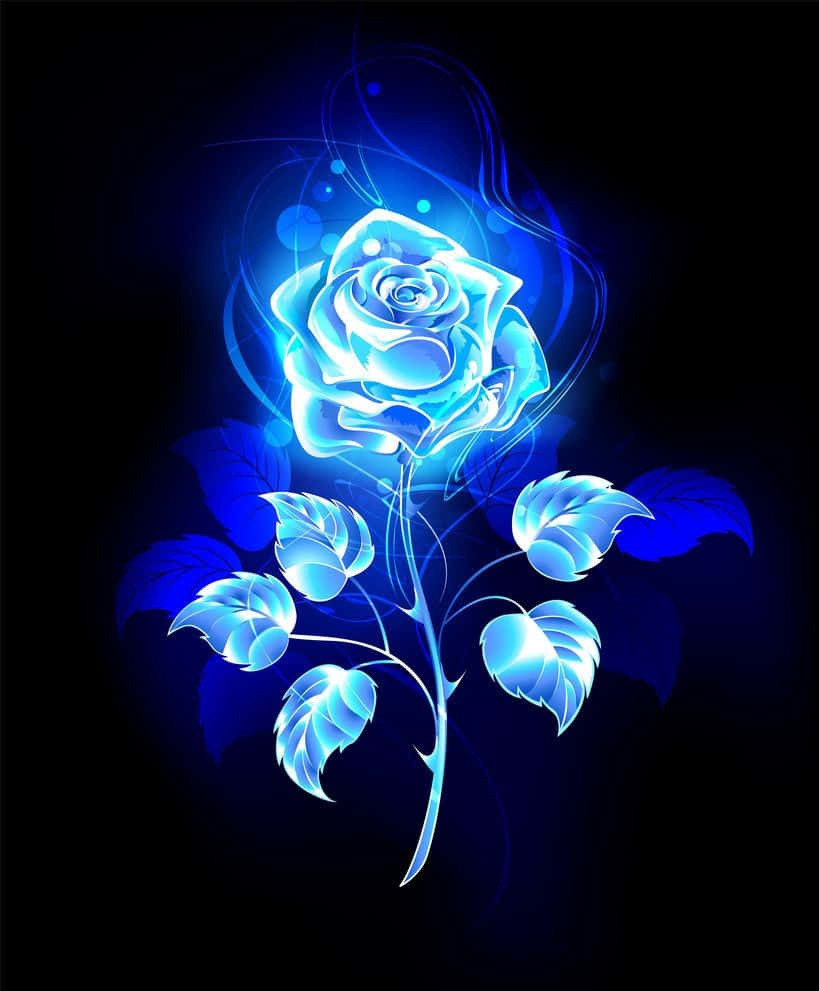 Rose Flower 桌布 壁紙 — 一朵發光的藍色玫瑰，帶有發光的葉子和旋轉的能量，在黑暗的背景上。