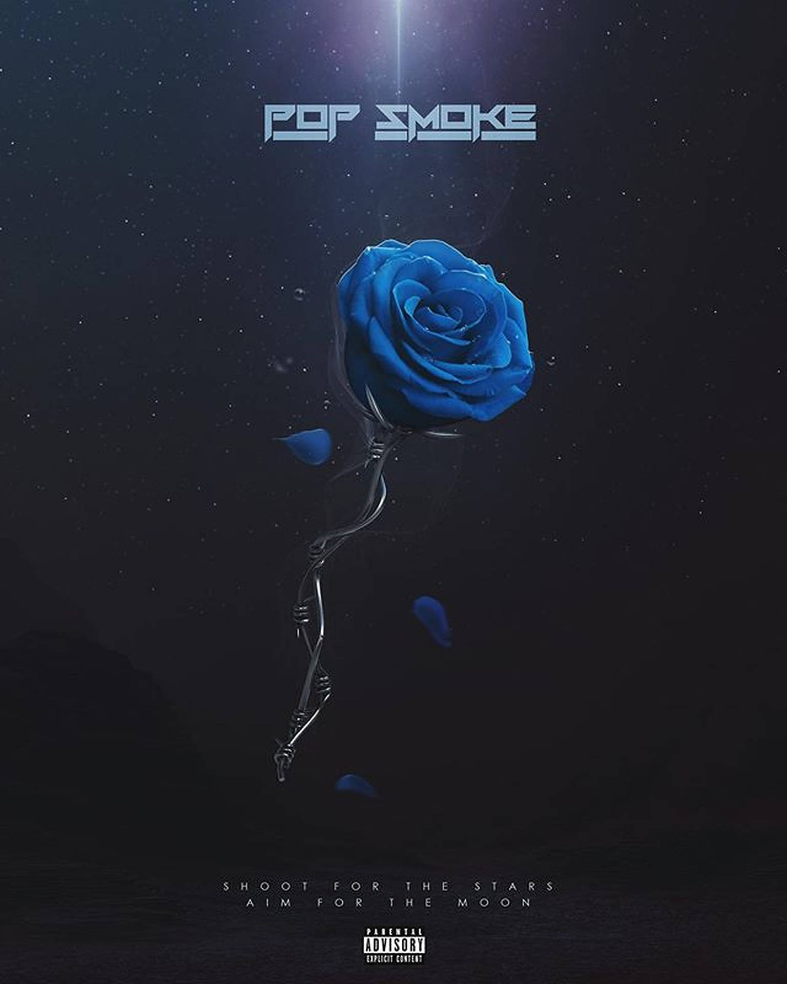 一朵莖部呈骨骼狀的藍色玫瑰，與星星和文字一起漂浮在太空中。 — Pop Smoke GIF 壁紙