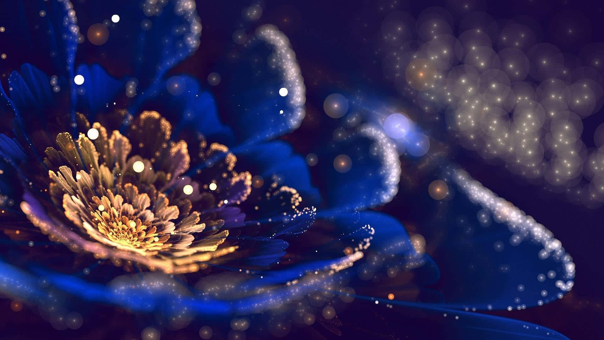 Flower Art 桌布 壁紙 — 一朵發光的藍色花朵，金色花心，在星空散景背景下散發魔法。