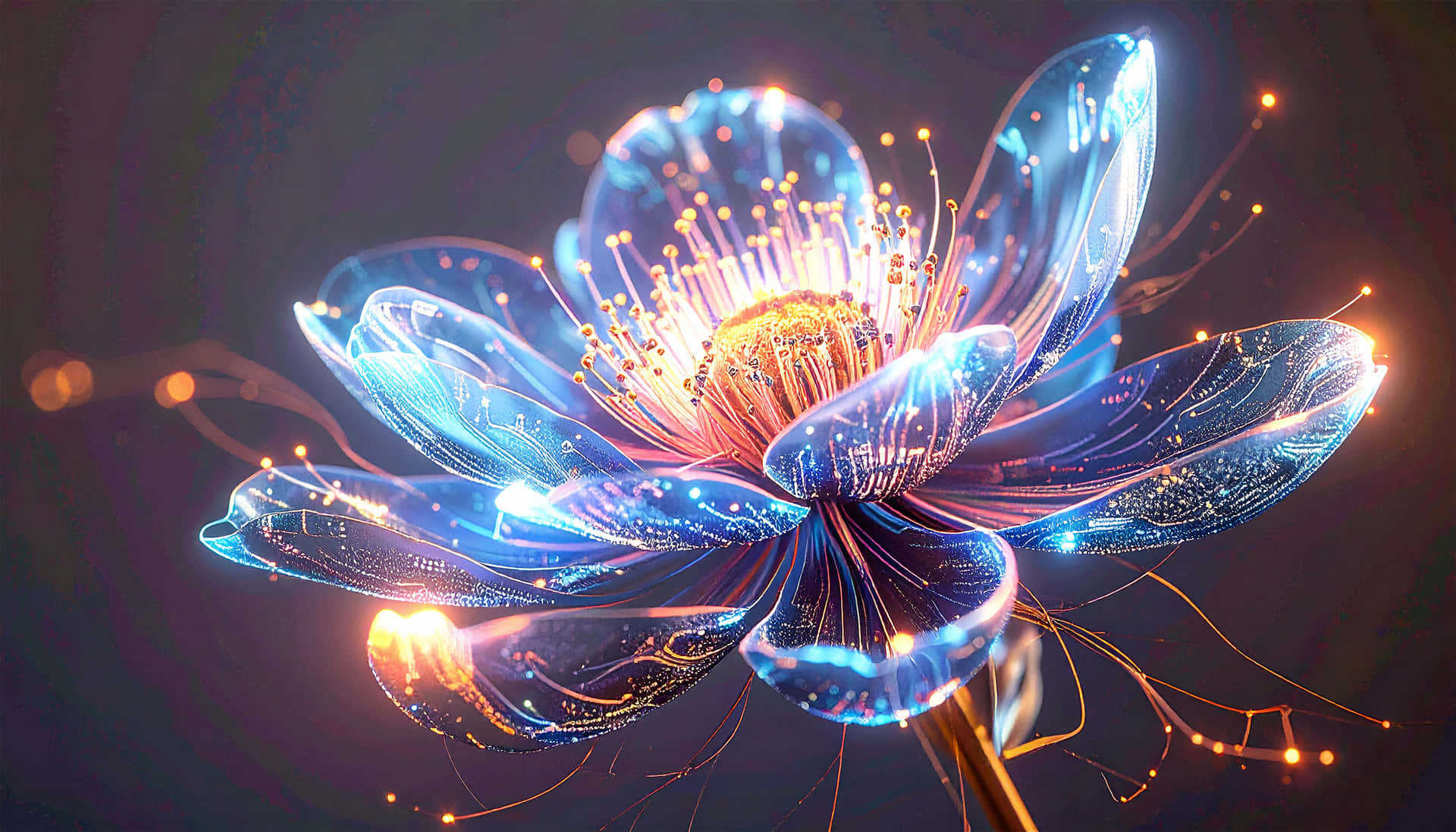 Circuit Flower 壁紙 — 一朵發光的藍色蓮花，帶有金色雄蕊和閃爍的粒子，在黑暗背景下散發光芒。