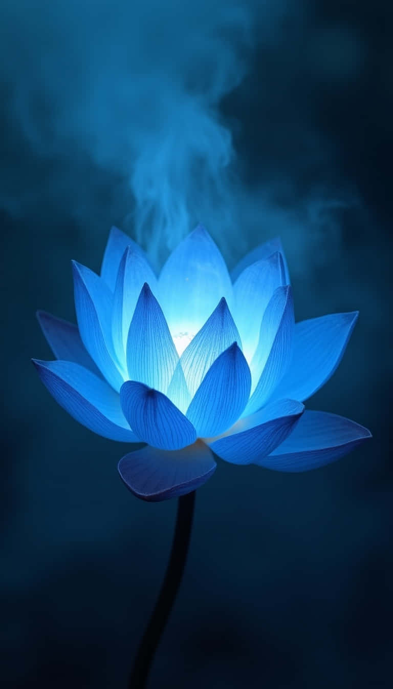 Flower 壁紙 — 一朵發光的藍色蓮花在深藍色背景下散發出柔和的光芒和縷縷薄霧。