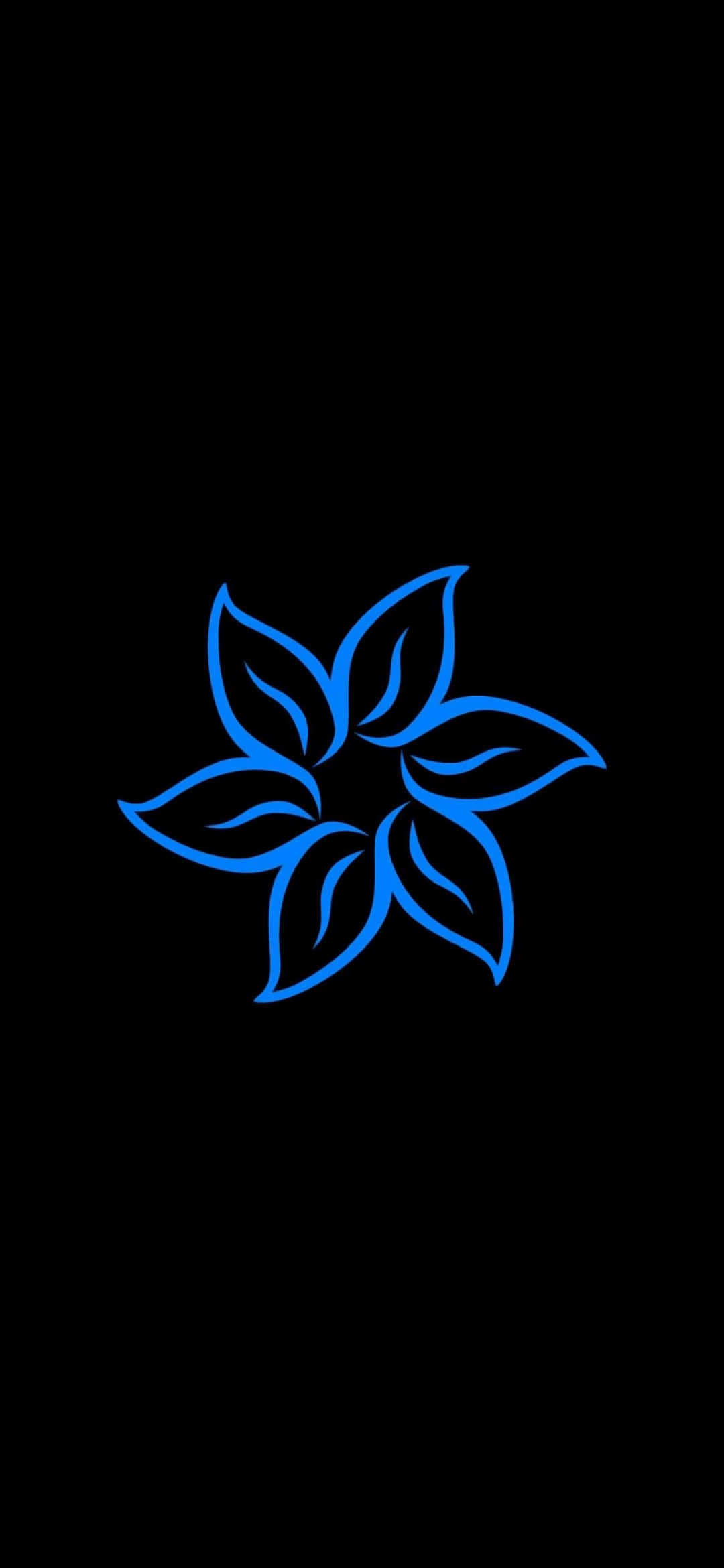 Super Amoled Display 桌布 壁紙 — 一朵發光的藍色風格化花朵，帶有八片彎曲的花瓣，在純黑色背景上散發光芒。