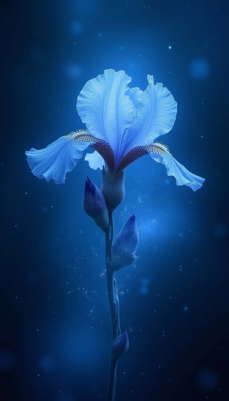 Flower 壁紙 — 一朵發光的藍色鳶尾花在深邃的宇宙藍色背景上優雅綻放，背景點綴著柔和發光的粒子。