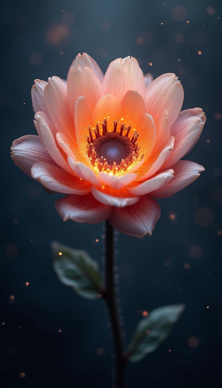 Flower 壁紙 — 一朵發光的蜜桃色蓮花在黑暗的散景背景下散發著溫暖的內在光芒。