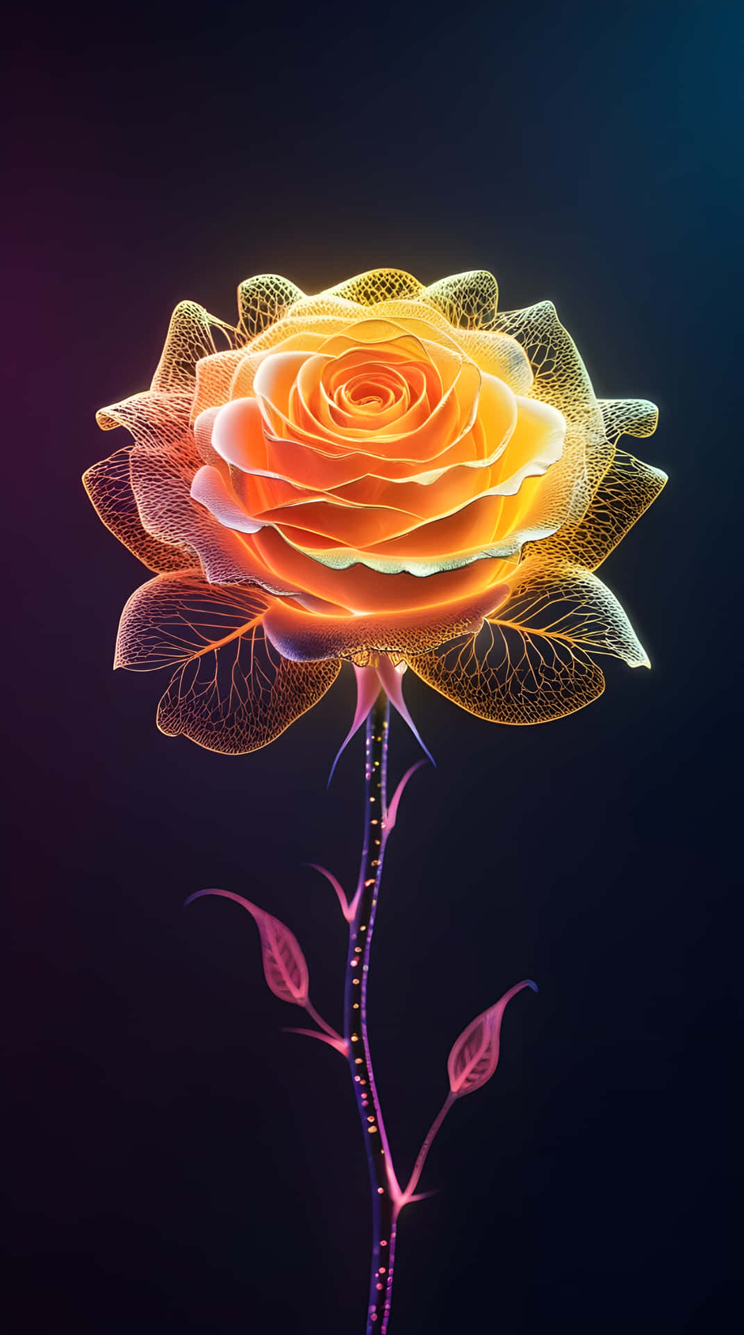The beautiful gold colour rose 壁紙 — 一朵發光的金色玫瑰，帶有半透明的網狀花瓣和發光的莖，襯托在深色漸變背景上。
