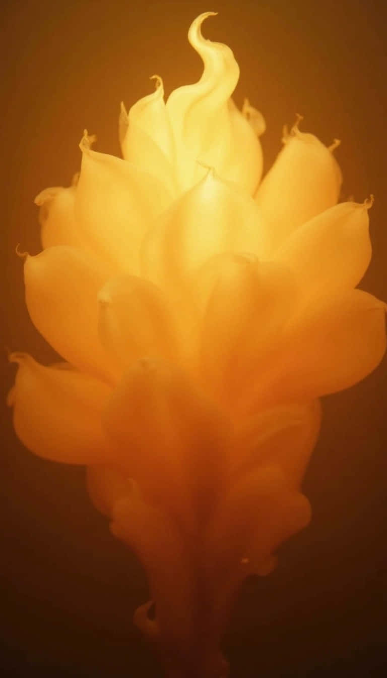 Flower 壁紙 — 一朵發光的金色花朵，帶有半透明花瓣，在深琥珀色背景上散發溫暖。
