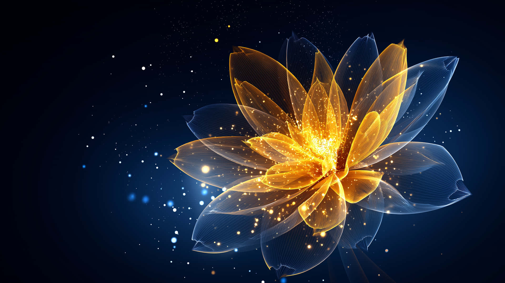 Enchanting Luminous Bloom: Ethereal Flower on Dark Background 壁紙 — 一朵發光的金色蓮花，帶有半透明的藍色花瓣，在繁星點點的深藍色宇宙背景下盛開。