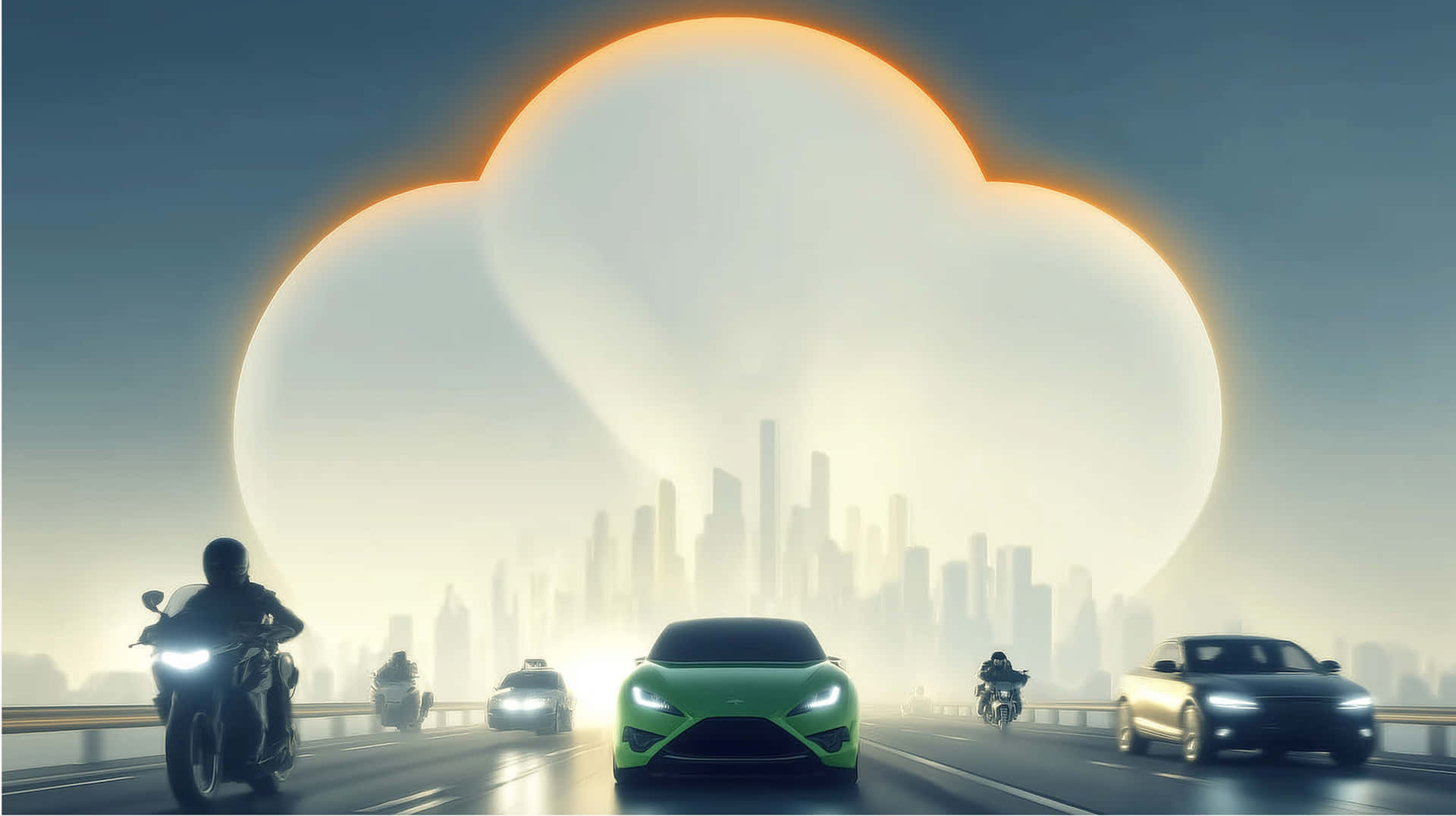 Vehicles on Road with Cloud-like Structure, Urban Landscape 壁紙 — 一朵發光的雲懸浮在高速公路上方，汽車和摩托車駛向未來主義的城市天際線。